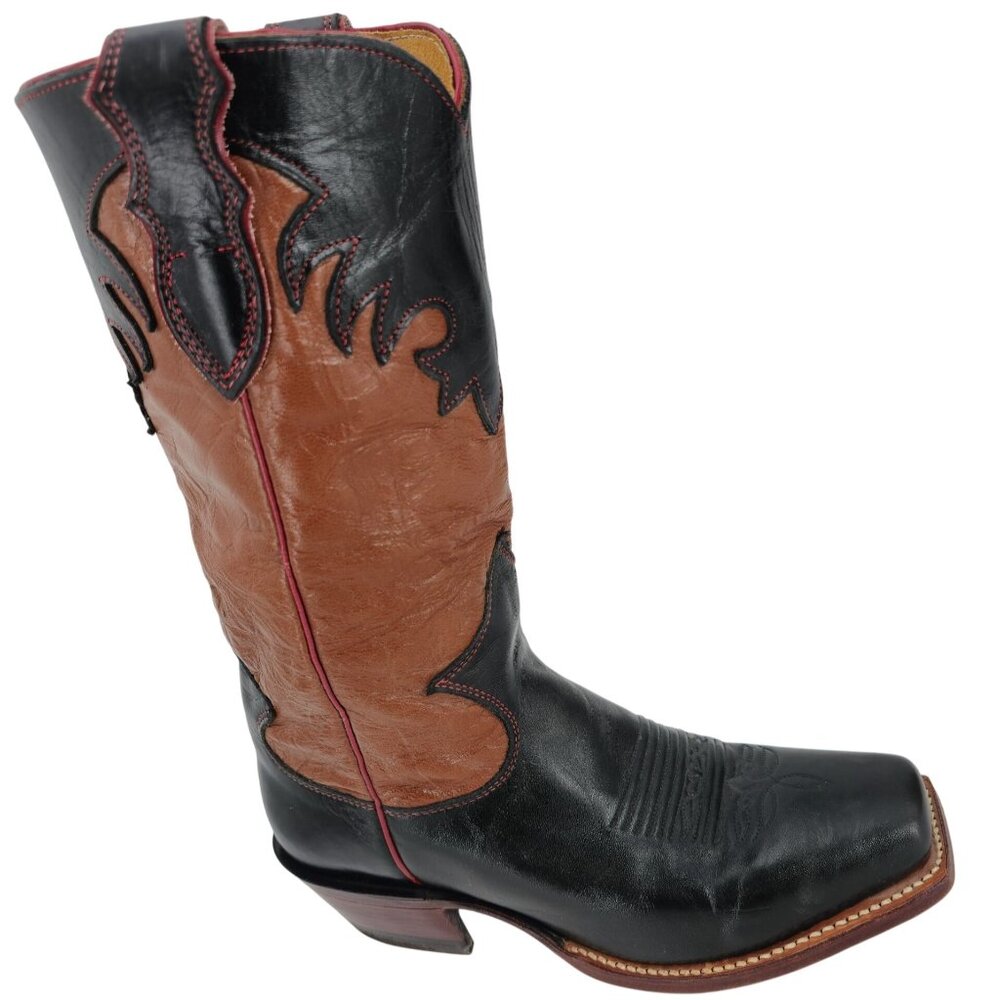 Vintage Justin Cowgirl Womens 7B Black Brown Cowboy Boots Western Square Toe - Picture 14 of 16